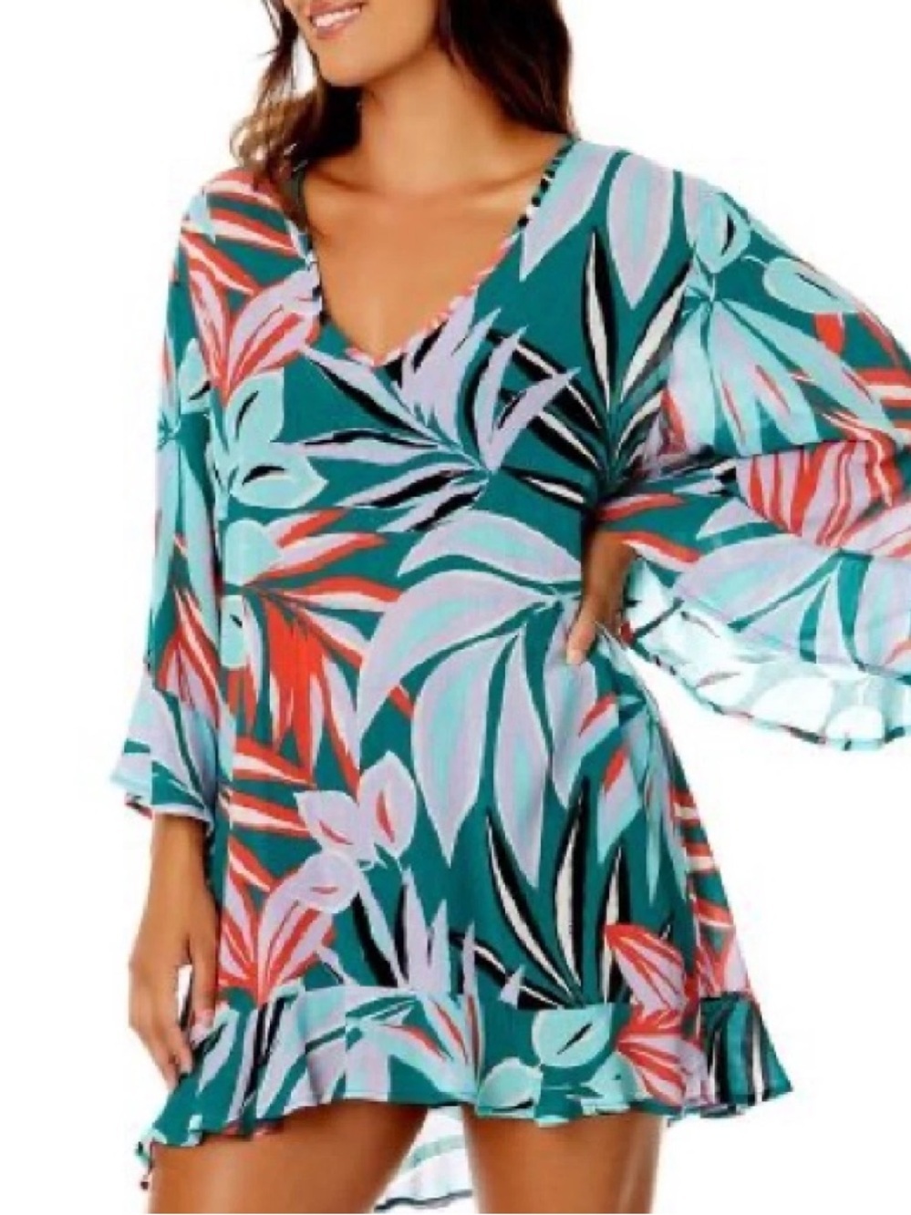 ANNE COLE Flounce V-Neck Tunic Swimsuit Cover-Up Beach Resortwear Vacation M/L